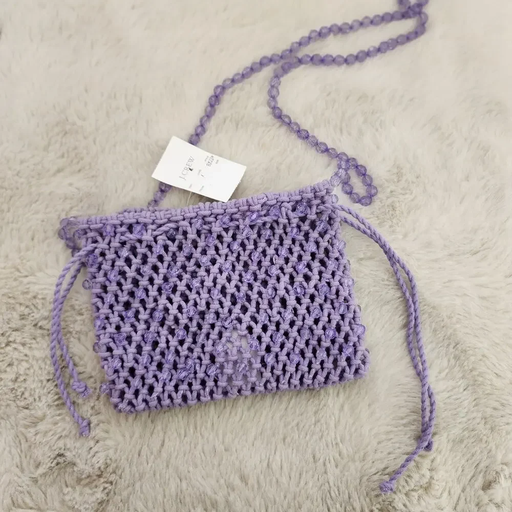 J.Crew Purple Knitted Crochet Pouch Bag Beaded Strap Drawstring - New BY236